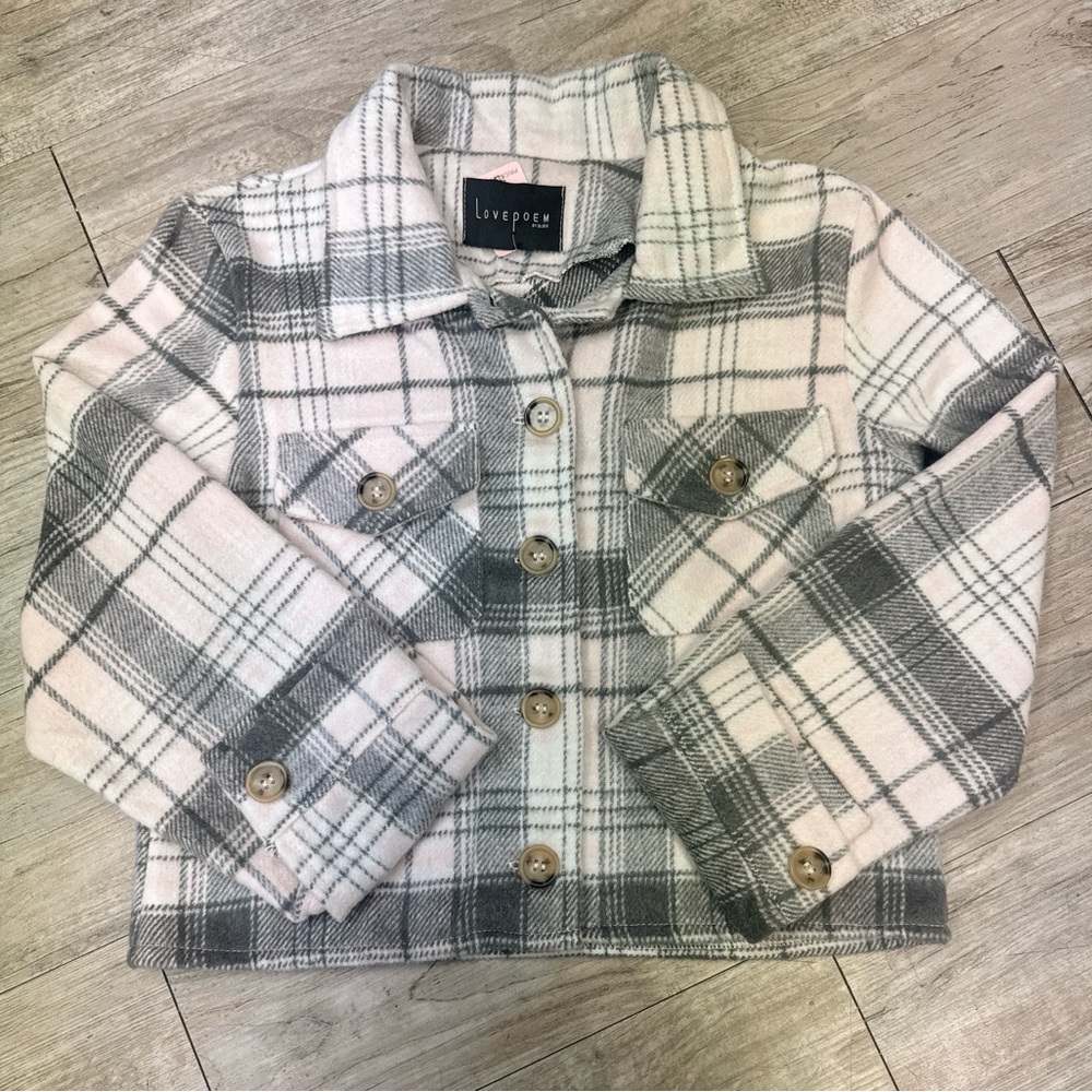 Love poem women’s crop flannel cardigan,Jacket - Gray,White,pink soft